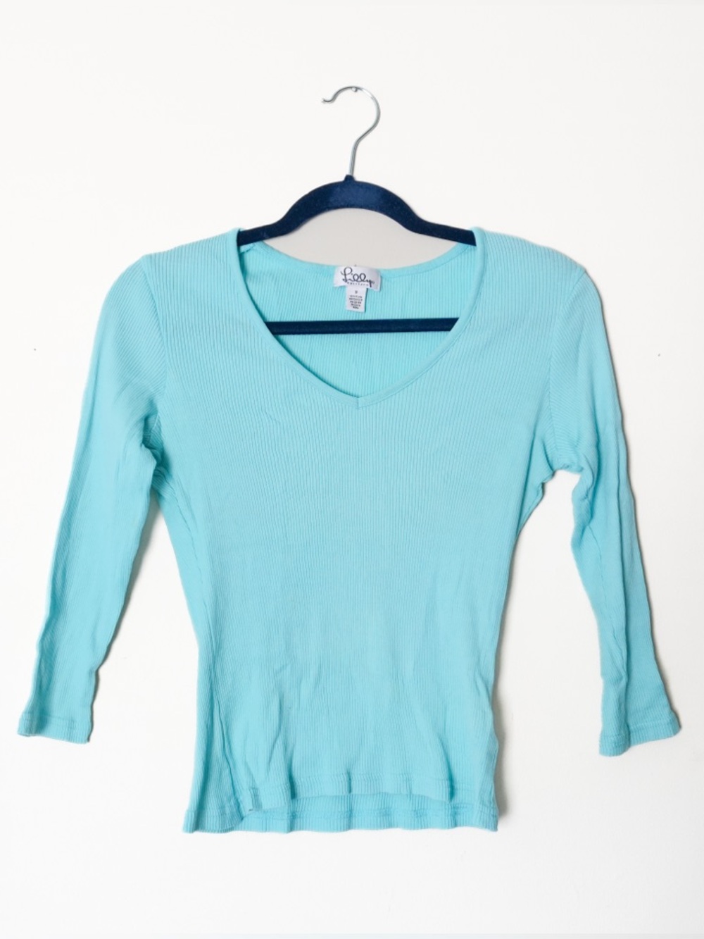 Lilly Pulitzer Light Blue Ribknit 100% Pima Cotton Henley Long Sleeve